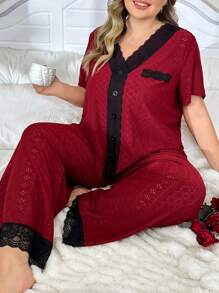 Plus Size Contrast Color Lace Short Sleeve Top & Pants Casual Jacquard Pajama Set
