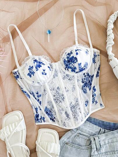 Soleia Women's Holiday Blue & White Print Lace Trim Bustier Top, Boned Shaping Cami, Suitable For Party, Valentine's Day, Date, Afternoon Tea, Beach, Cruise, Carnival, Spring & Summer