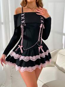 2 sztuki/zestaw damski kontrastowy koronkowy kokardka dekoracja off shoulder pajama set - Wielokolorowe - Zobacz 5