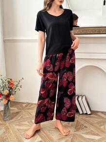 拼色花卉印花蝴蝶结松紧腰裤和 V 领短袖上衣睡衣套装 - 彩色 - 查看 4