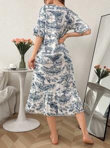 Vestido de dormir largo con mangas cortas y estampado floral con volantes