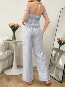 Women's Blue Striped Ruffled Off Shoulder Blouse And Pants Pajama Set - Baby Blue - View 4