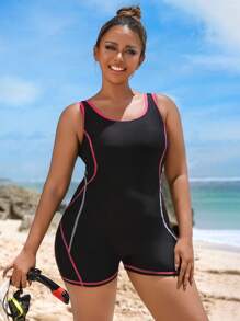 Swim SPRTY Plus Size Women Contrast Stitching Sleeveless One-Piece Swimsuit, For Summer Beach Vacation