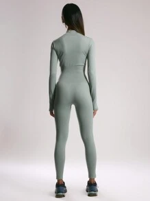 Musera Sport " Sport" Seamless Sculpt Half Zip Long Sleeve Unitard , Padel, Tennis, Pickleball Gym Fitness - Green - View 3