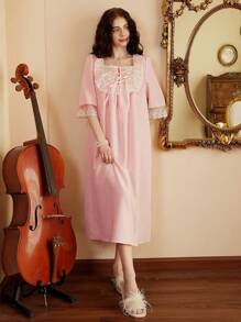 Côtesoire Sweet Palace Style Lace Trim Square Neck Half Placket Bowknot Loose Nightgown