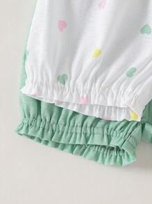 2pcs/Set Baby Girls Casual Korean Style Cute Heart Printed & Solid Color Woven Shorts, Summer - Multicolor - View 3