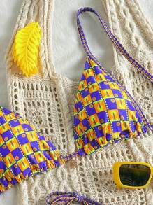 SHEIN Swim Women's Purple Boho Summer Beach Holiday Bikini 2 Pieces Set,Random Pattern Double Strap Halter Metal Medallion Decor Tie-Side Triangular Cup Bottom - Multicolor - View 4