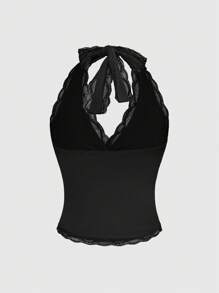 ROMWE Grunge Punk 春夏情人节度假女装音乐会服装夏季上衣女装夏季度假女装Y2K风格蕾丝露背吊带黑色背心，简约修身，休闲日常穿着 - 黑色 - 查看 2