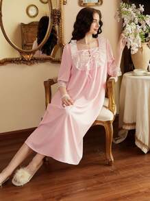 Côtesoire Sweet Palace Style Lace Trim Square Neck Half Placket Bowknot Loose Nightgown