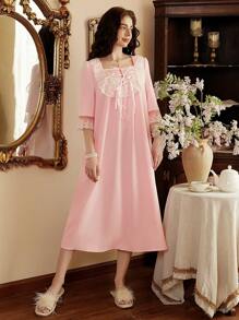 Côtesoire Sweet Palace Style Lace Trim Square Neck Half Placket Bowknot Loose Nightgown