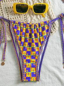 SHEIN Swim Women's Purple Boho Summer Beach Holiday Bikini 2 Pieces Set,Random Pattern Double Strap Halter Metal Medallion Decor Tie-Side Triangular Cup Bottom - Multicolor - View 5