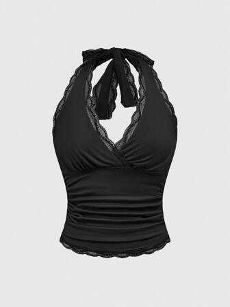 Grunge Punk Women's Concert Attire Summer Tops Women Summer Clothes  Vacation Outfits Women Women's Y2K Style Lace Halter Backless Camisole Top, Minimalist Fitted, Casual Everyday Wear
