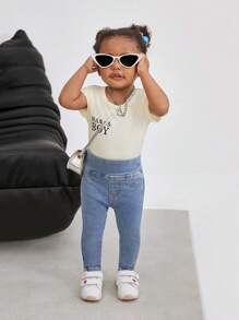 SHEIN Baby Girls' Blue Denim Skinny Jeggings - Dark Wash - View 6