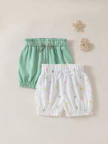 2pcs/Set Baby Girls Casual Korean Style Cute Heart Printed & Solid Color Woven Shorts, Summer - Multicolor - View 2