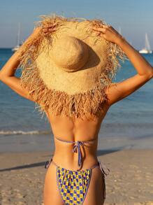 SHEIN Swim Women's Purple Boho Summer Beach Holiday Bikini 2 Pieces Set,Random Pattern Double Strap Halter Metal Medallion Decor Tie-Side Triangular Cup Bottom - Multicolor - View 6
