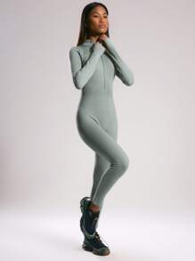 Musera Sport " Sport" Seamless Sculpt Half Zip Long Sleeve Unitard , Padel, Tennis, Pickleball Gym Fitness - Green - View 4