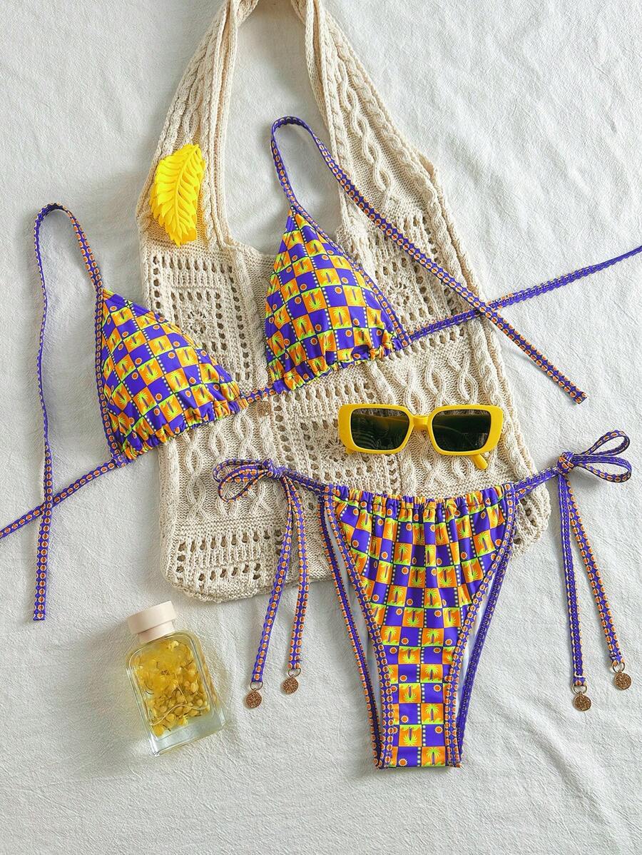 SHEIN Swim Women's Purple Boho Summer Beach Holiday Bikini 2 Pieces Set,Random Pattern Double Strap Halter Metal Medallion Decor Tie-Side Triangular Cup Bottom - Multicolor - View 1