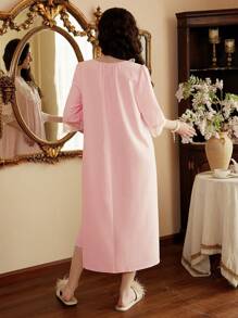 Côtesoire Sweet Palace Style Lace Trim Square Neck Half Placket Bowknot Loose Nightgown