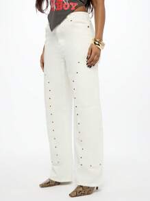 SUMWON WOMEN Designer weite Bein Jeans mit Nieten, Zimmermanns-Stil, Taillenhoch, Y2K Mode Statement Hose mit Metallnieten Details, Lässig Streetwear - Weiss - Übersicht 5