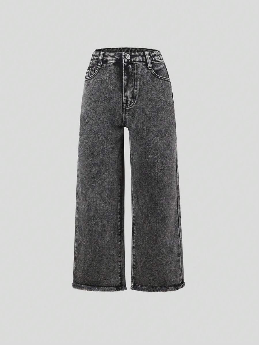 SHEIN Tween Girls Water Washed Color/Wide Leg Jeans With Frayed Hem - Black - View 1