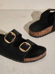 SHUZIA 女士一脚蹬露趾日常经典室内户外 PU 凉鞋