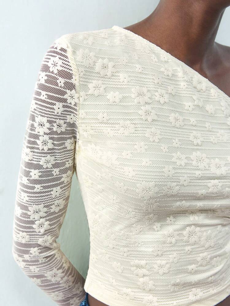 SHEIN Maija New Beige Lace Asymmetrical Neck Elegant Long Sleeve Women Top, Casual Urban Chic Holiday Party Date Wear, Spring/Summer
