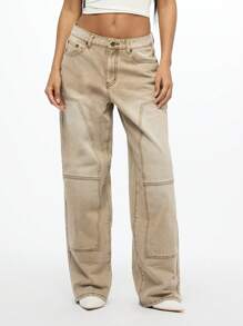 SUMWON WOMEN Carpenter Utility Jeansy z szerokimi nogawkami i panelami, kontrastowe przeszycia, projekt inspirowany odzieżą roboczą, spodnie w stylu streetwear, moda Y2K