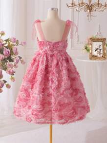 SHEIN 青少年女孩蝴蝶结装饰 3D 花卉优雅连衣裙 - 粉色 - 查看 6