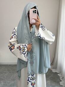 Yasmyna Women's Woven Print Loose Long Sleeve Arabic Long Dress,Modest - Apricot - View 6