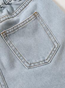 2025 Spring/Summer Girls Casual Ripped Hem Asymmetrical Waist Drawstring Wide Loose Comfortable Denim Shorts, Fashionable Street Style For Daily Wear - Medium Wash - View 6