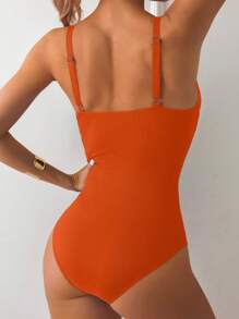 Swim Chiccia 2026 Spring/Summer New Adjustable Strap Gold Decor Pleated Elegant One-Piece Bikini Swimsuit For Women - Orange - View 2