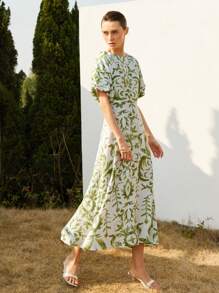 Aveloria Modichic Elegant Vacationing Style Round Neck White Base Green Bamboo Node Cable Floral Print Flared Long Dress With Waist Design For Women