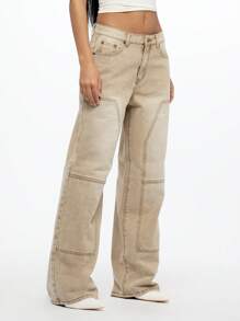 SUMWON WOMEN Carpenter Utility Jeansy z szerokimi nogawkami i panelami, kontrastowe przeszycia, projekt inspirowany odzieżą roboczą, spodnie w stylu streetwear, moda Y2K