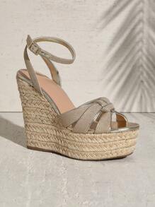 SHUZIA 女士简约踝带编织坡跟鞋，厚底高跟 - 米色 - 查看 5