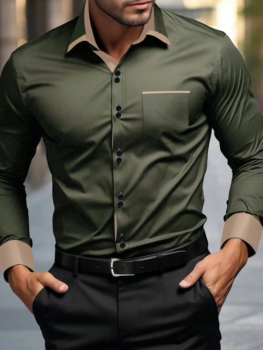 Manfinity Mode Men's Patchwork Front Button Long Sleeve Pocket Simple Casual Shirt Business, Fall - Army Green - View 1