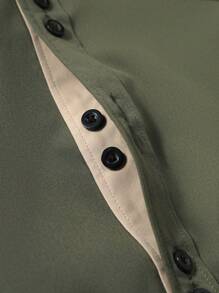 Manfinity Mode Men's Patchwork Front Button Long Sleeve Pocket Simple Casual Shirt Business, Fall - Army Green - View 6