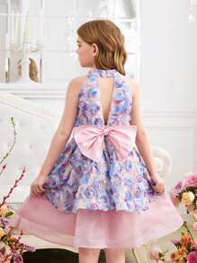 SHEIN Tween Girls' Embroidered Organza Splice Backless Bow Collar Elegant Dress