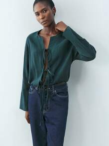 Maija Spring New Dark Blue Bow Elegant Urban Modern Daily Casual Women's Tops Suitable For Going Out Valentine's Day Holiday Party