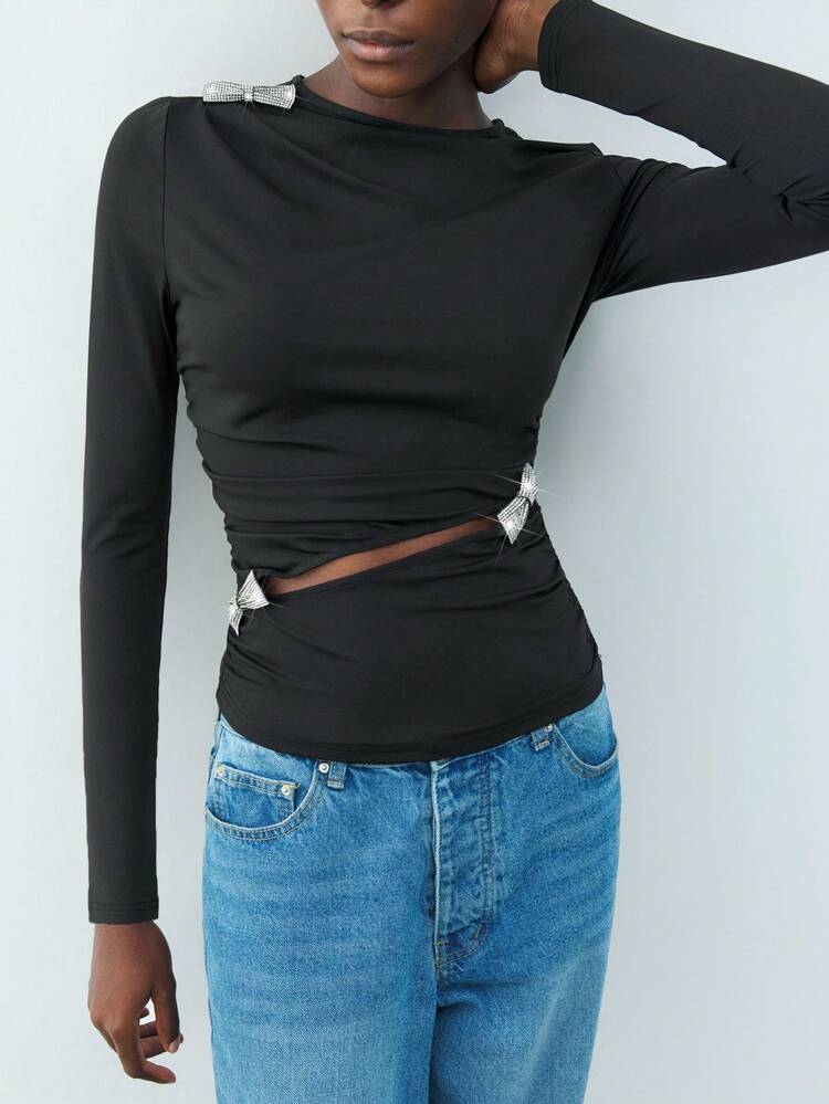 SHEIN Maija New Spring And Summer Black Urban Modern Diamond Bow Decoration Sexy Waist Women's Tops Daily Leisure Party Holiday Gathering Valentine's Day Date