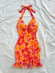 Soleia V 领女士节日迷你连衣裙，针织弹力薄纱面料，扎染花卉印花，不对称荷叶边饰边，颈部系带蝴蝶结细节，适合派对、情人节 - 彩色 - 查看 6