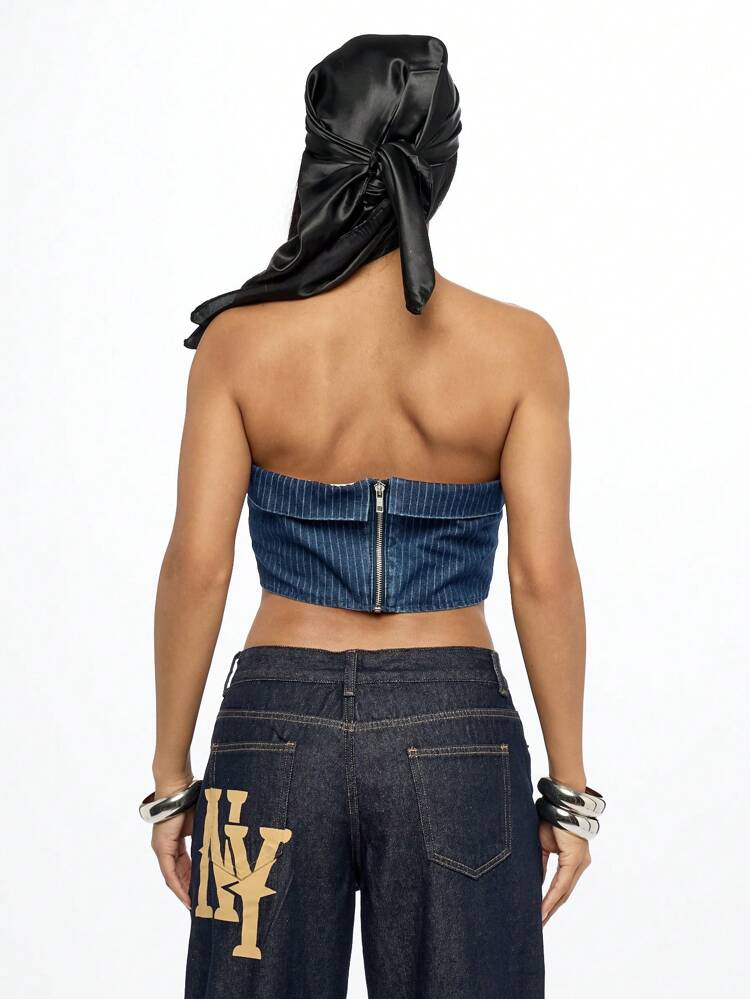 SUMWON WOMEN Gorset z jeansu w stylu retro Y2K w prążki bez ramiączek