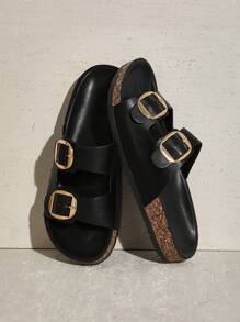 SHUZIA 女士一脚蹬露趾日常经典室内户外 PU 凉鞋