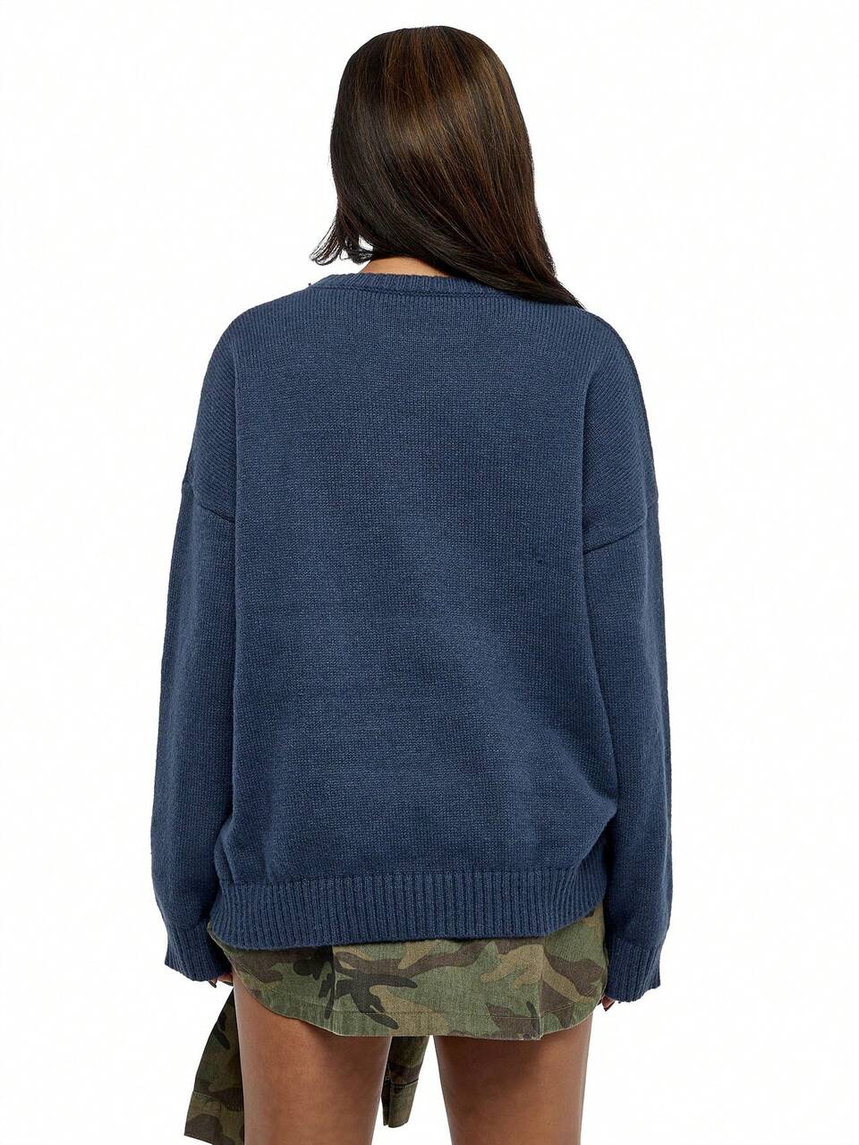 SUMWON WOMEN Crew Neck Knit Sweater Varsity Letter Patch Ribbed Hem