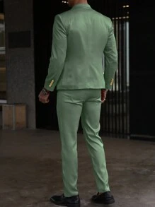 Manfinity Mode 男士前開扣長袖休閒西裝外套與長褲套裝 正式西裝套裝 男士畢業舞會西裝 男士休閒正式西裝套裝 儀式適用 - 橄欖綠 - 查看 2