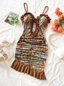 Soleia 性感镂空复古宫廷花卉露背荷叶边修身迷你连衣裙，V 领，非常适合度假、约会、情人节、下午茶 - 彩色 - 查看 4