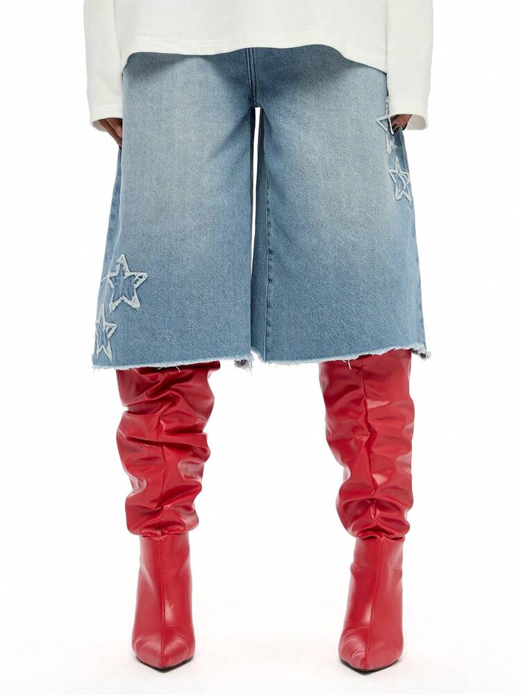 SUMWON WOMEN Shorts Denim com aplique de estrela, cintura alta, desgastado e bainha crua