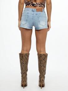 SUMWON WOMEN Low Rise Denim Shorts Distressed Summer Beach Festival Hot Pants Mini Length Casual Daytime Street Style - Light Wash - View 2