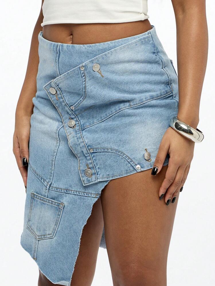 SUMWON WOMEN Asymmetric Reconstructed Distressed Raw Hem Denim Mini Skirt
