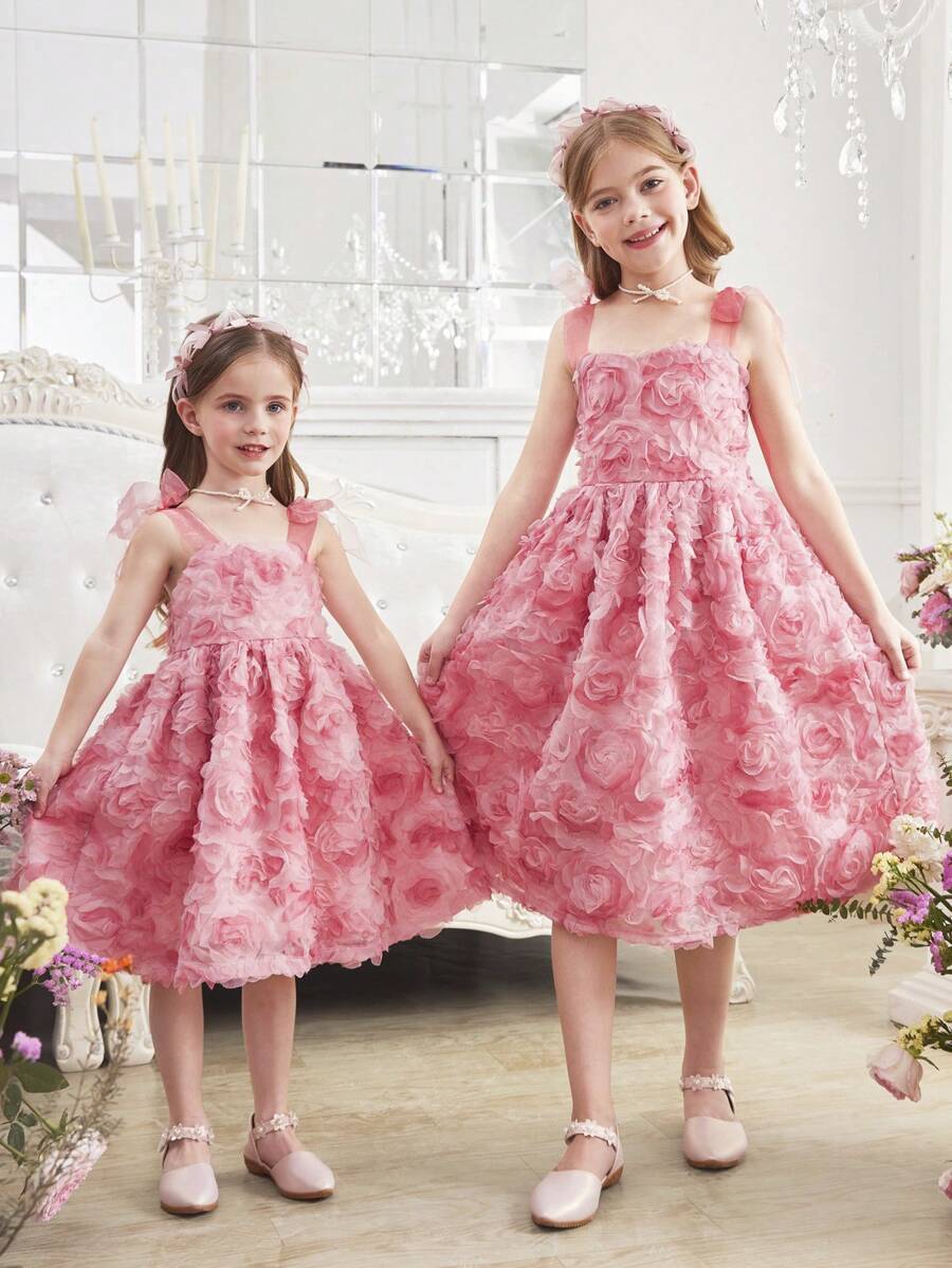 SHEIN 青少年女孩蝴蝶结装饰 3D 花卉优雅连衣裙 - 粉色 - 查看 1