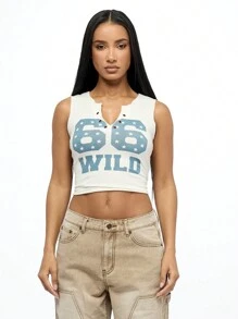 SUMWON WOMEN Ärmelloses Cropped Tank Top mit wilden Sternen, Sporttrikotoptik mit Nummer, Sommer Festival Lässig Sportbekleidung - Weiss - Übersicht 1